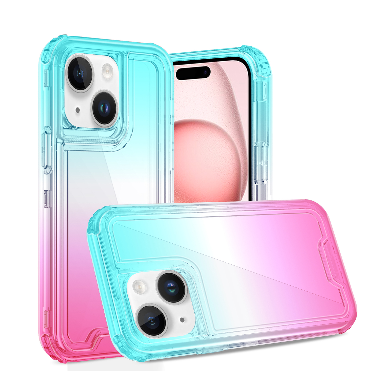 for iphone 15 pro 3in1 two tone shockproof transparent hybrid case light blue + pink