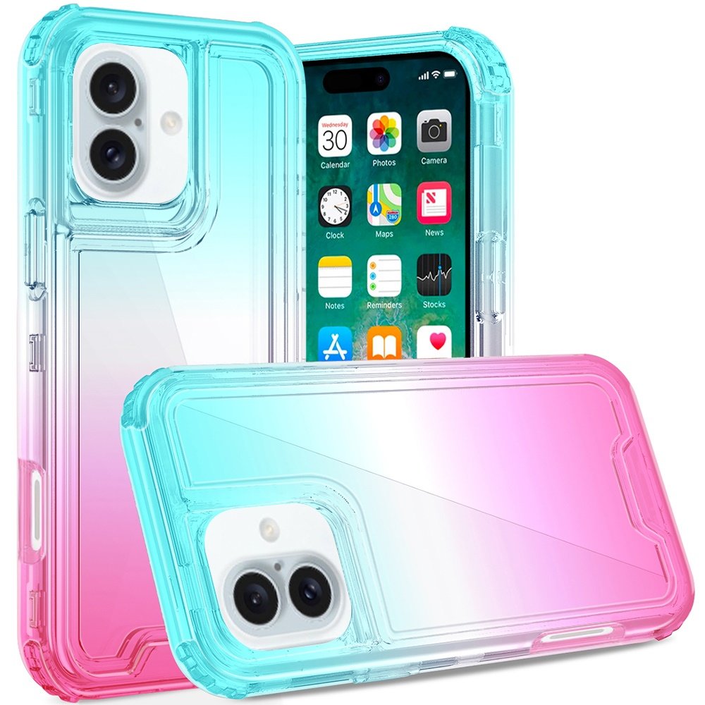 for iphone 16 plus 6.7 inch3in1 two tone shockproof transparent hybrid case light blue + pink