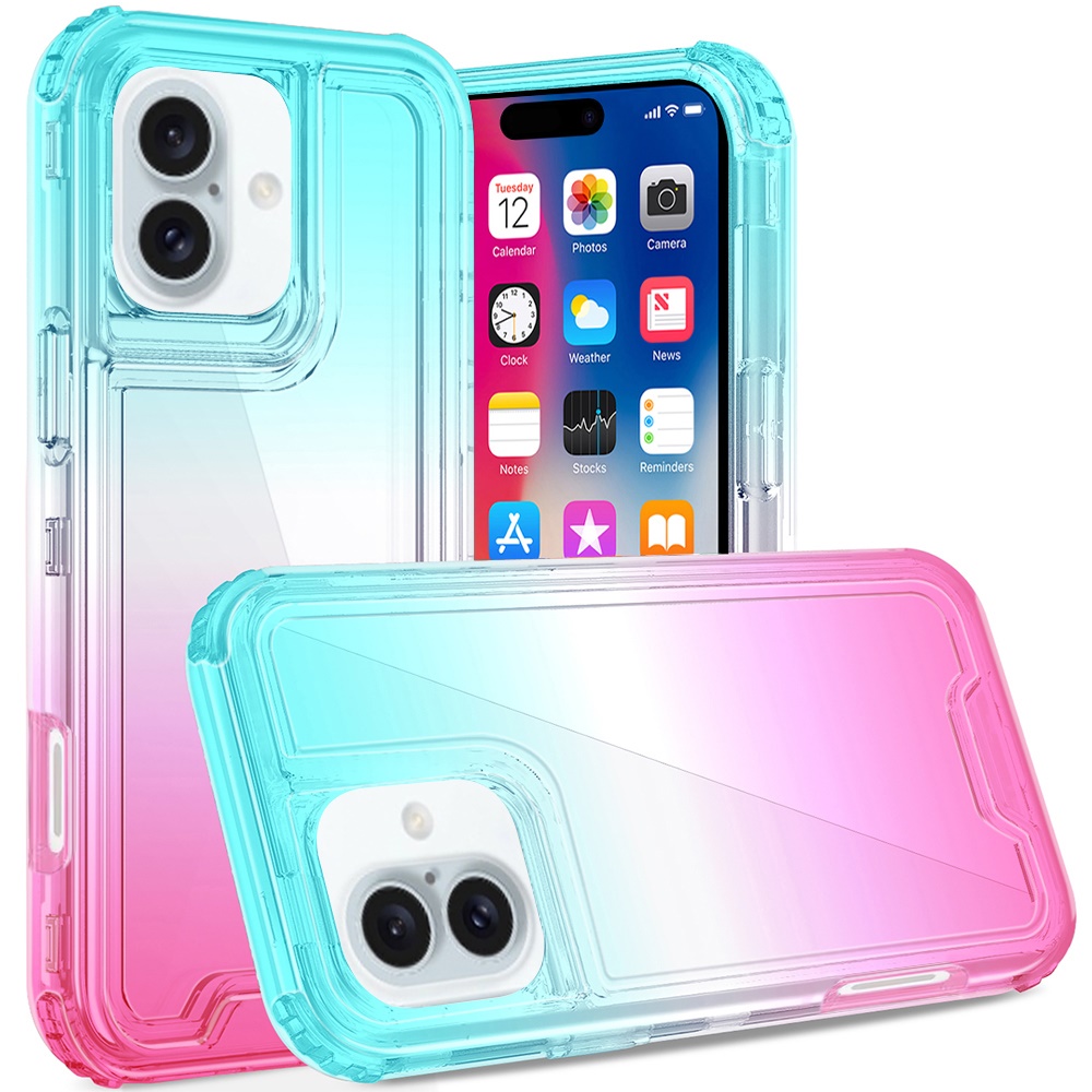 for iphone 16 6.1 inch 3in1 two tone shockproof transparent hybrid case light blue + pink