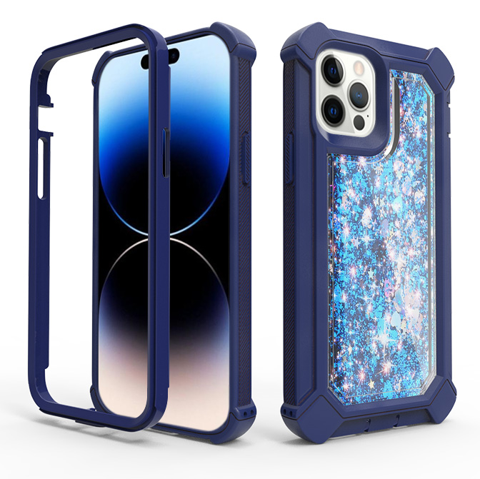 for apple iphone 14 pro 6.1" twinkle liquid glitter 3in1 hybrid case cover blue