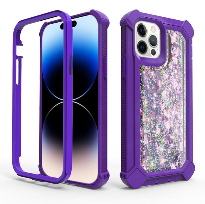 for apple iphone 14 pro 6.1" twinkle liquid glitter 3in1 hybrid case cover dark purple