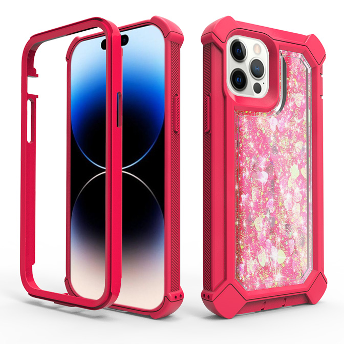 for apple iphone 14 pro 6.1" twinkle liquid glitter 3in1 hybrid case cover hot pink