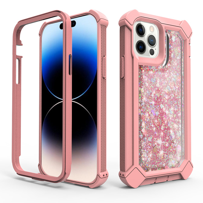 for apple iphone 14 pro 6.1" twinkle liquid glitter 3in1 hybrid case cover rose gold