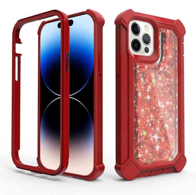for apple iphone 14 pro 6.1" twinkle liquid glitter 3in1 hybrid case cover red