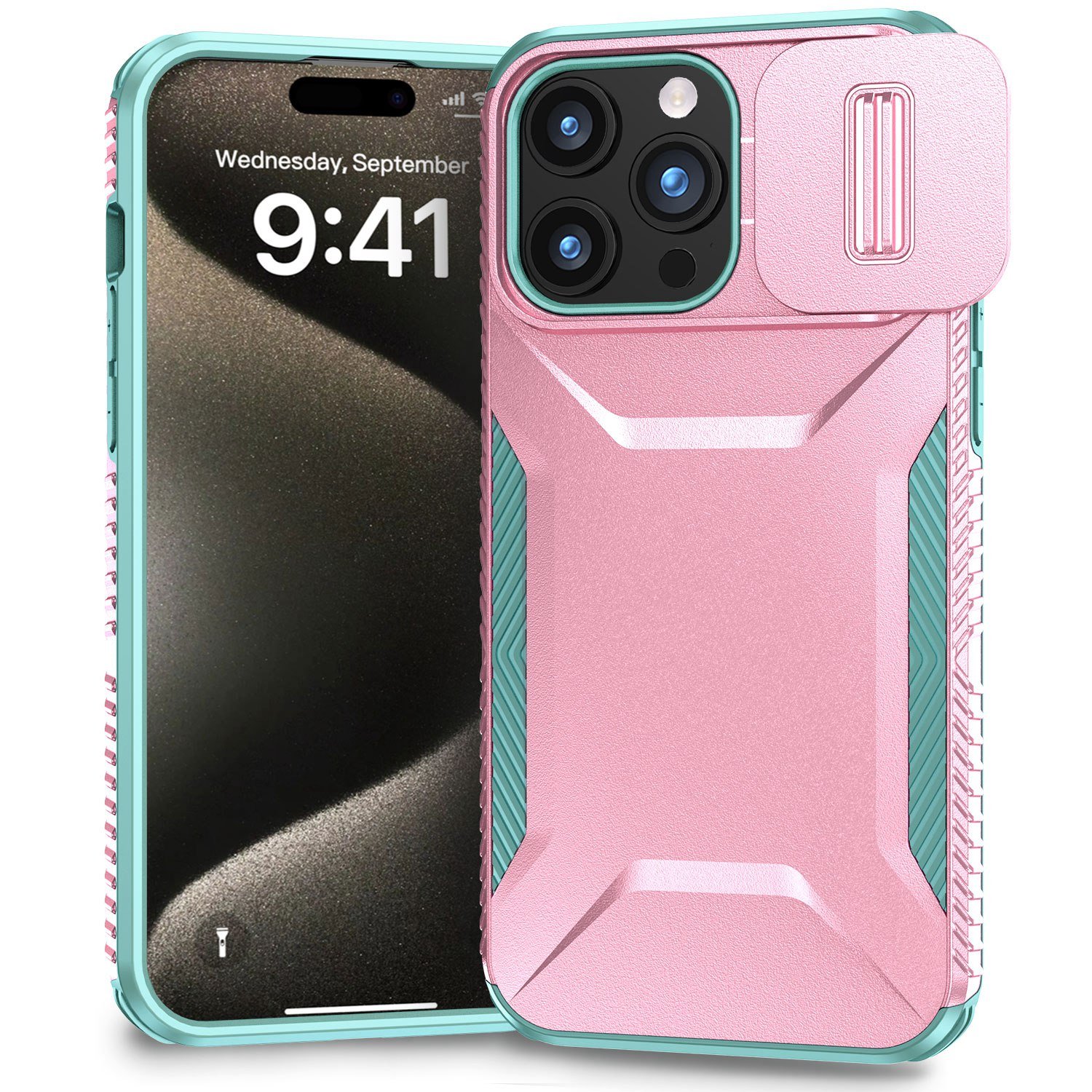 for ip15 pro max ultimate u design hybrid with camera window covering pink+teal