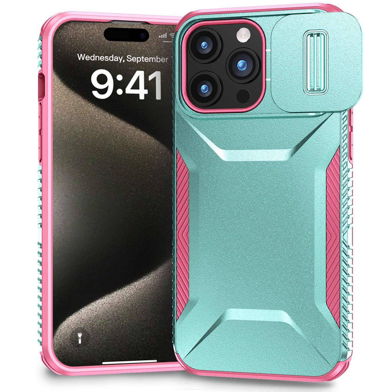 for ip15 pro max ultimate u design hybrid with camera window covering teal+pink