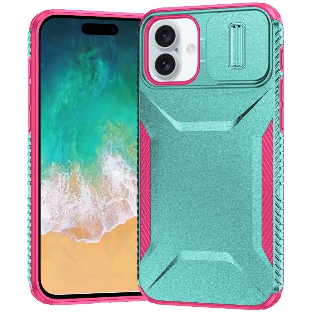 for iphone 16 plus 6.7 inch ultimate u design hybrid with camera window covering teal+pink