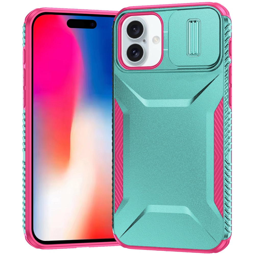 for iphone 16 6.1 inch ultimate u design hybrid with camera window covering teal+pink