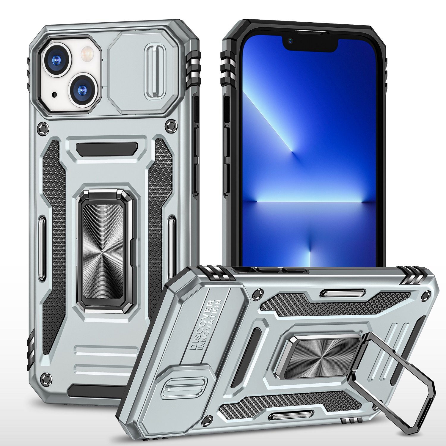 for iphone 13/14 utter tough metal ring movable camera window hybrid case cover gray