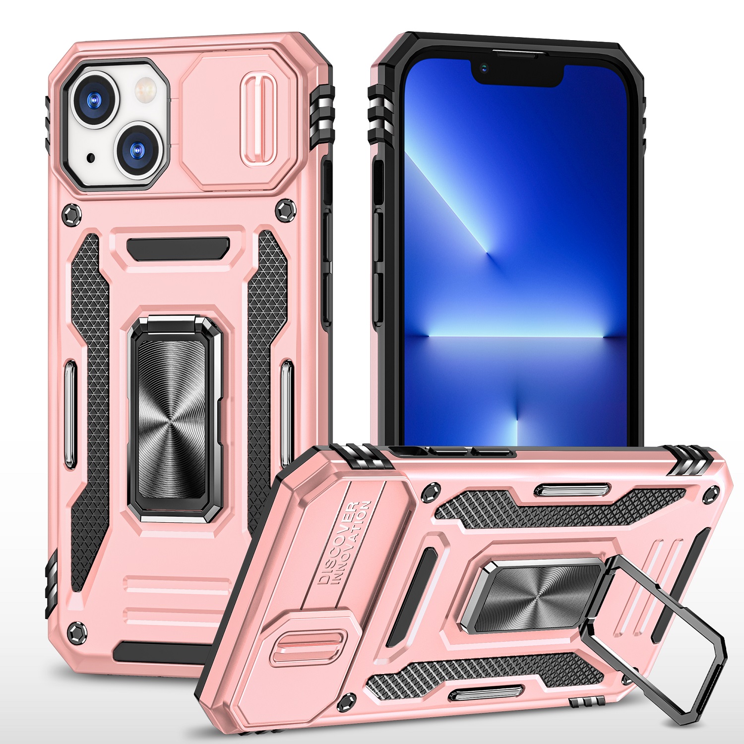 for apple iphone 14 pro max 6.7" utter tough metal ring movable camera window hybrid case cover rose gold