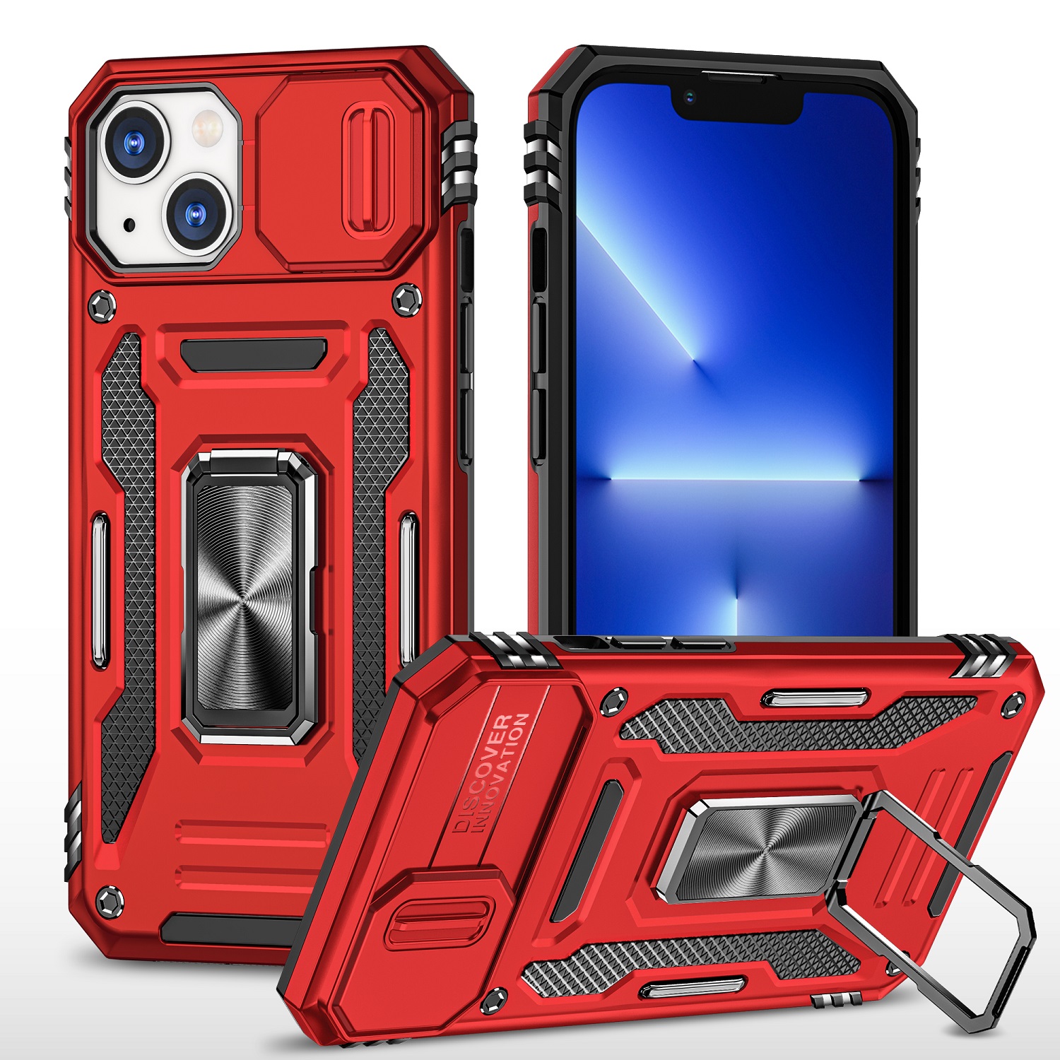 for iphone 13/14 utter tough metal ring movable camera window hybrid case cover red