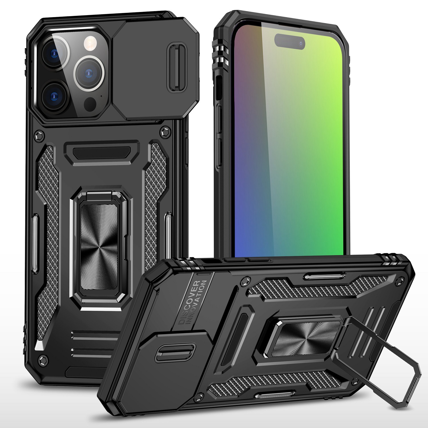 for iphone 15 plus utter tough metal ring movable camera window hybrid case cover black