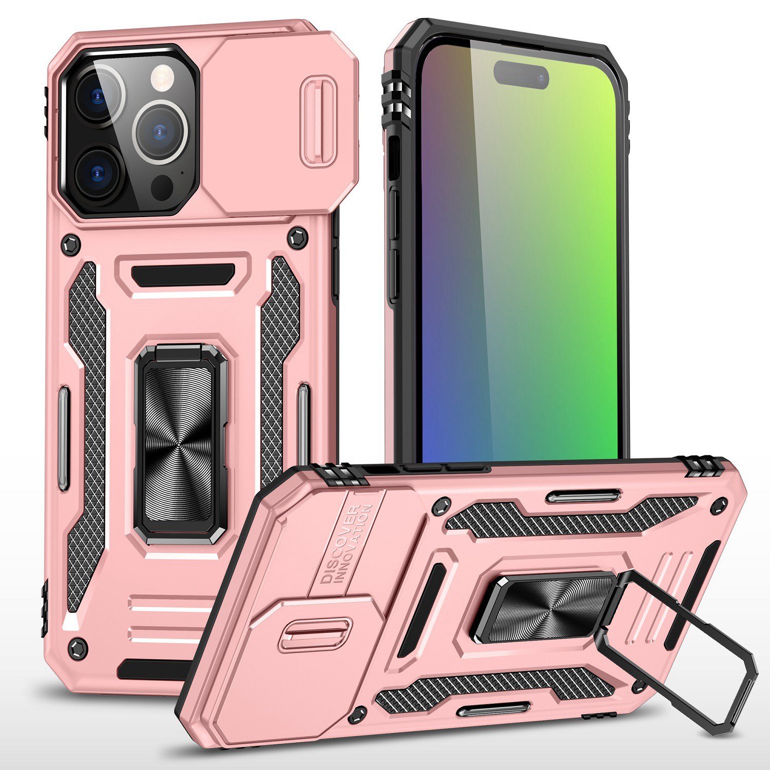 for iphone 15 utter tough metal ring movable camera window hybrid case cover rose gold