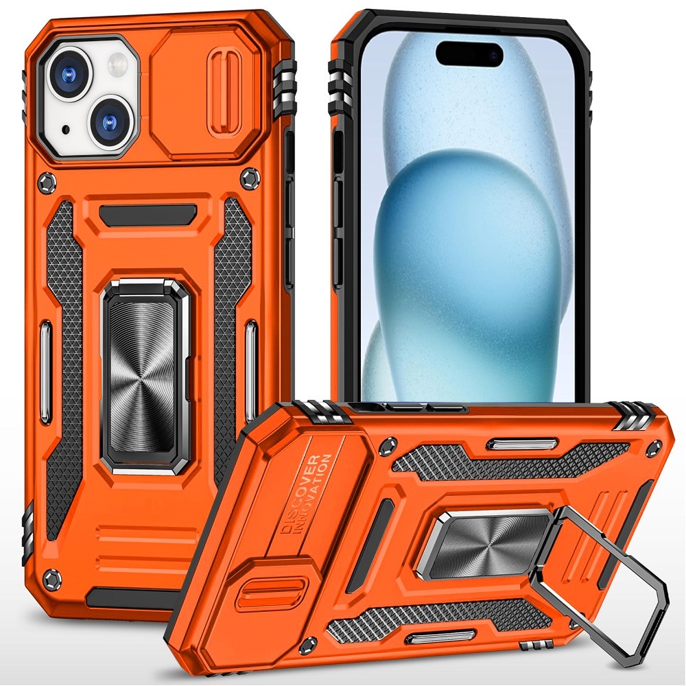 for iphone 15 plus/iphone 14 plus utter tough metal ring movable camera window hybrid case cover cosmic orange