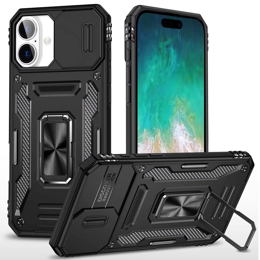 for iphone 16 plus 6.7 inch utter tough metal ring movable camera window hybrid case cover black