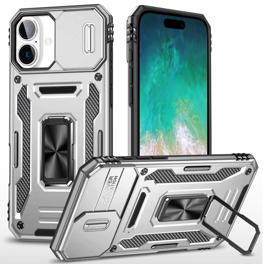 for iphone 16 plus 6.7 inch utter tough metal ring movable camera window hybrid case cover silver