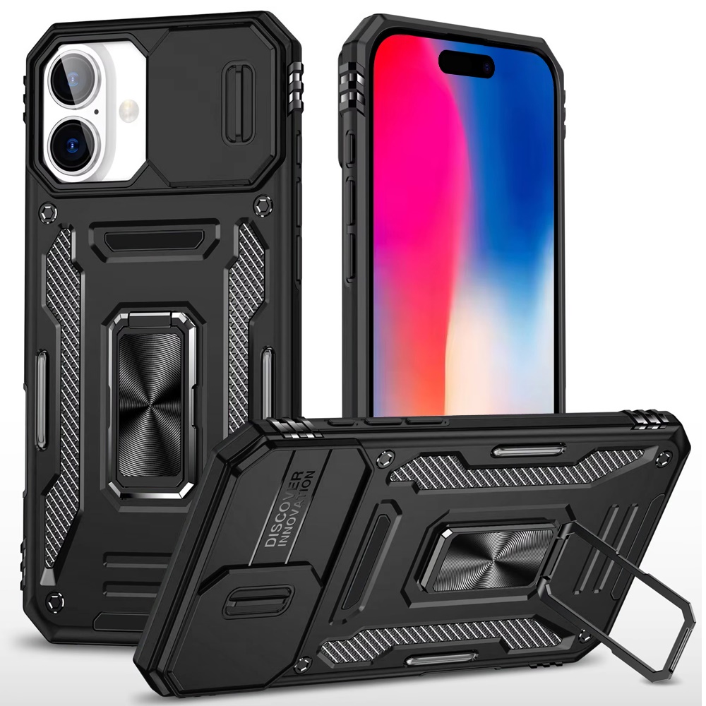 for iphone 16 6.1 inch utter tough metal ring movable camera window hybrid case cover black