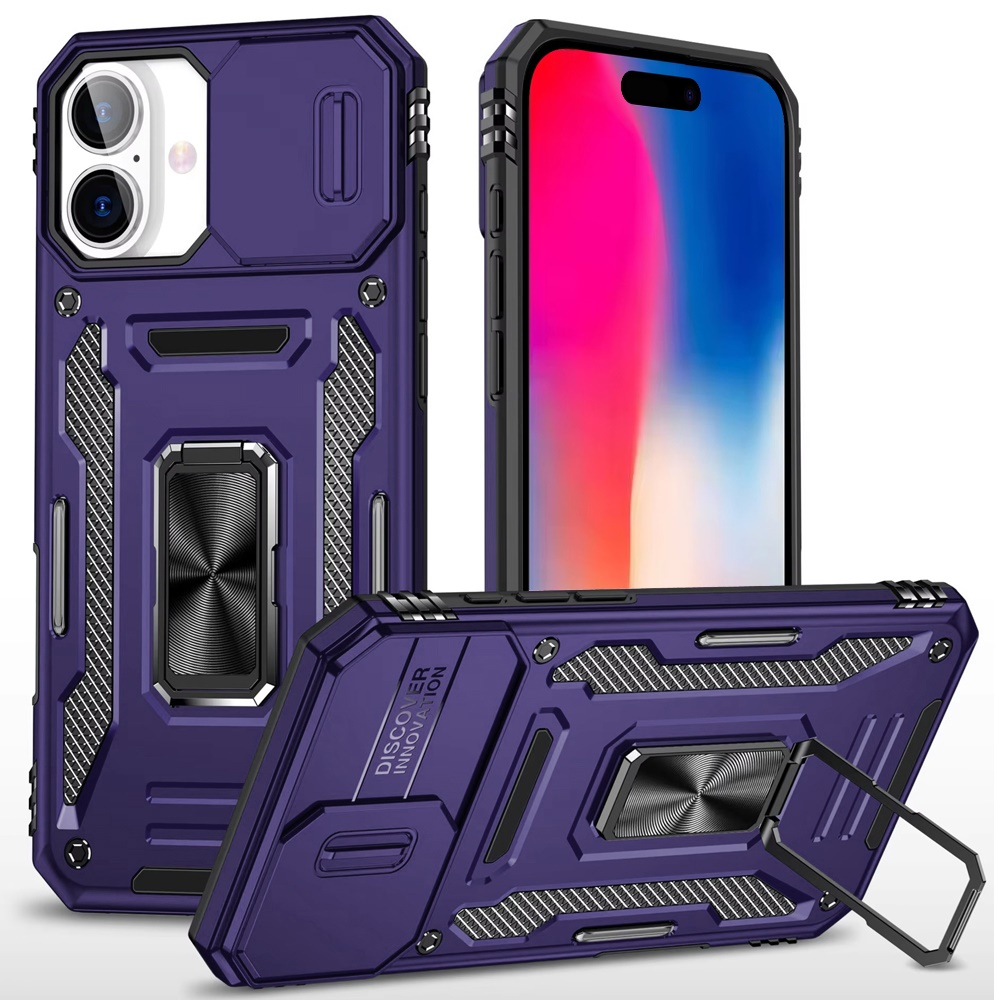 for iphone 16 6.1 inch utter tough metal ring movable camera window hybrid case cover dark purple