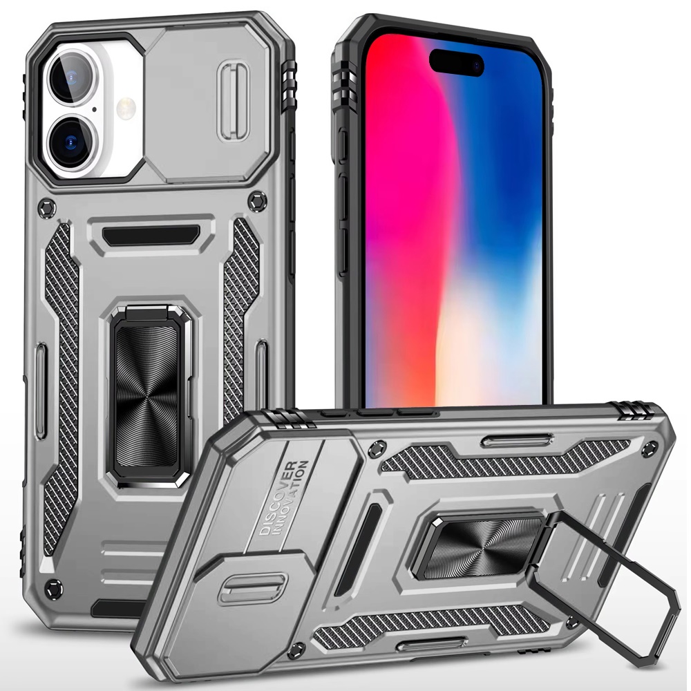 for iphone 16 6.1 inch utter tough metal ring movable camera window hybrid case cover gray
