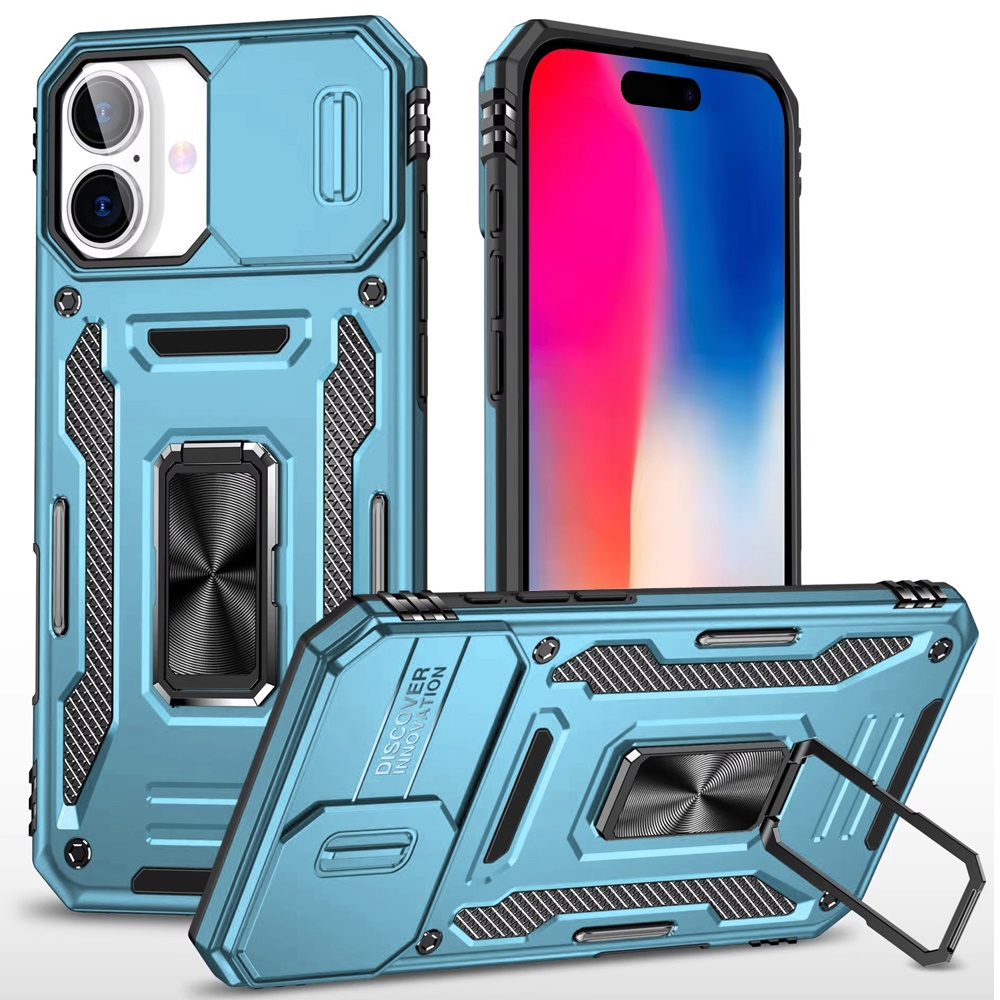 for iphone 16 6.1 inch utter tough metal ring movable camera window hybrid case cover light blue