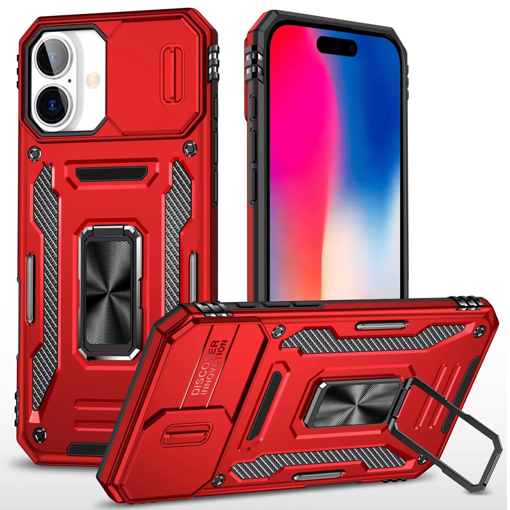 for iphone 16 6.1 inch utter tough metal ring movable camera window hybrid case cover red