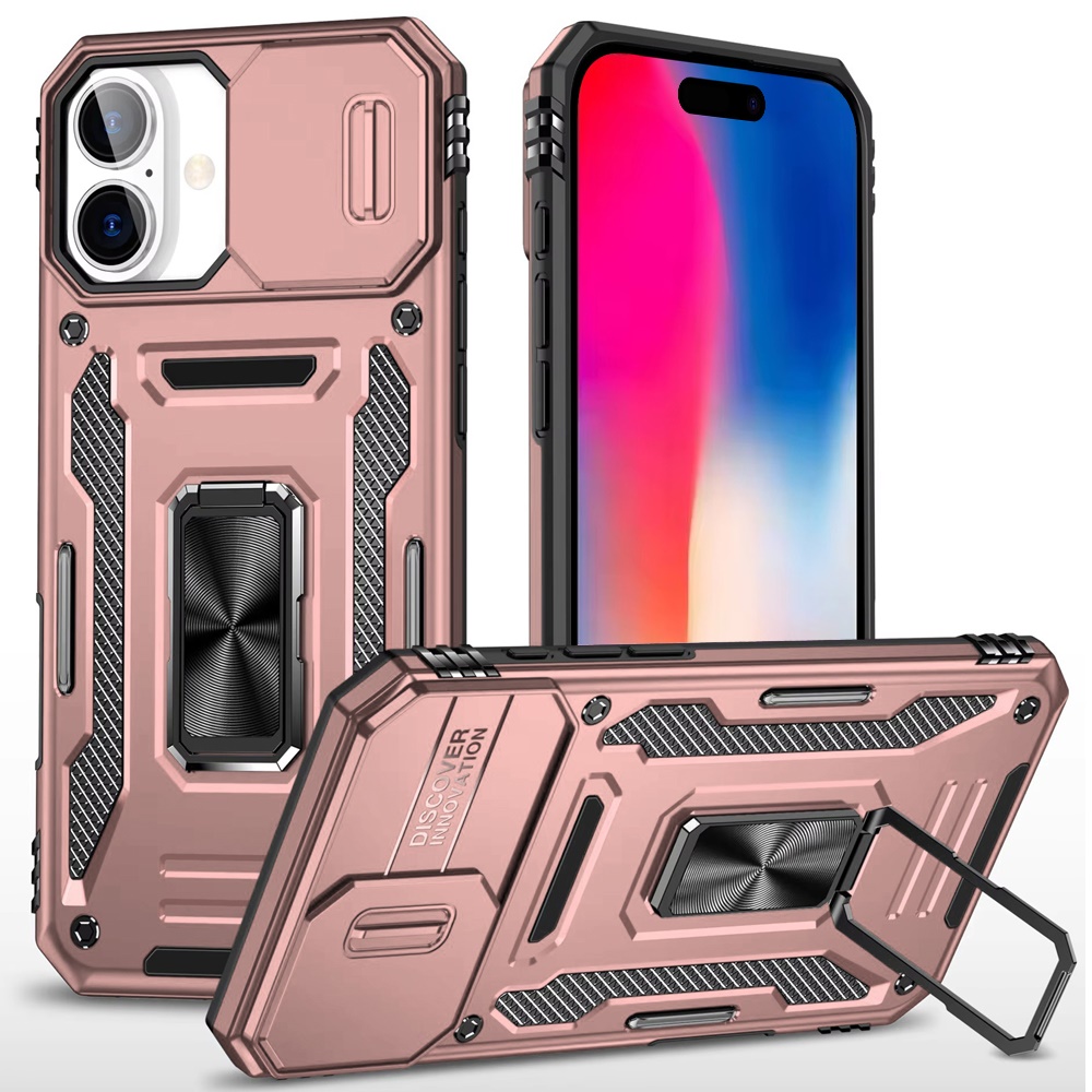 for iphone 16 6.1 inch utter tough metal ring movable camera window hybrid case cover rose gold