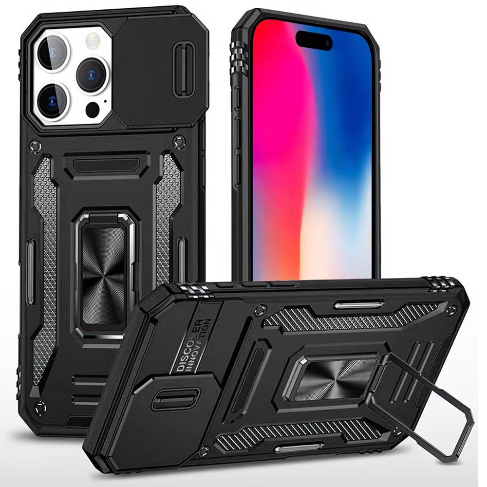 for iphone 16 pro 6.3 inch utter tough metal ring movable camera window hybrid case cover black