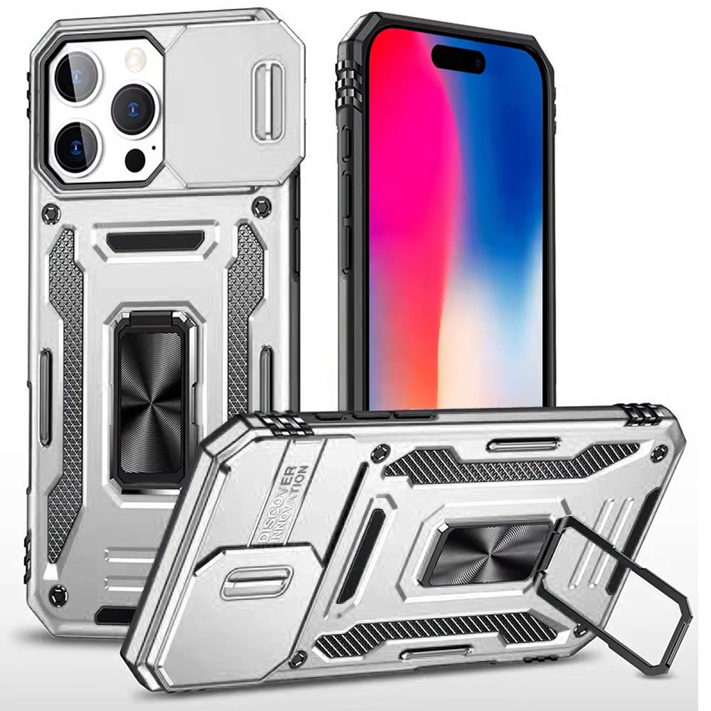 for iphone 16 pro 6.3 inch utter tough metal ring movable camera window hybrid case cover silver