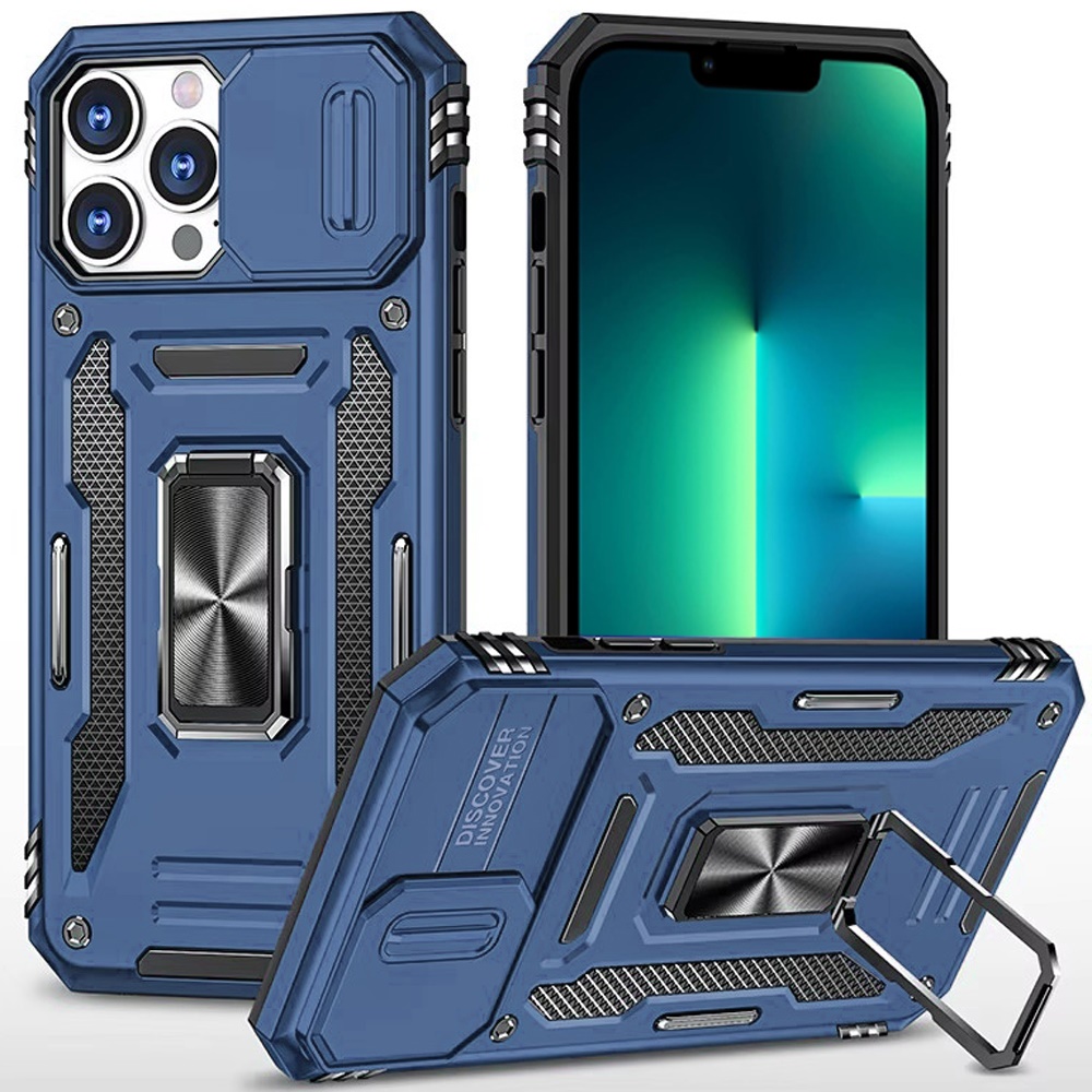 for iphone 13 pro utter tough metal ring movable camera window hybrid case cover navy blue