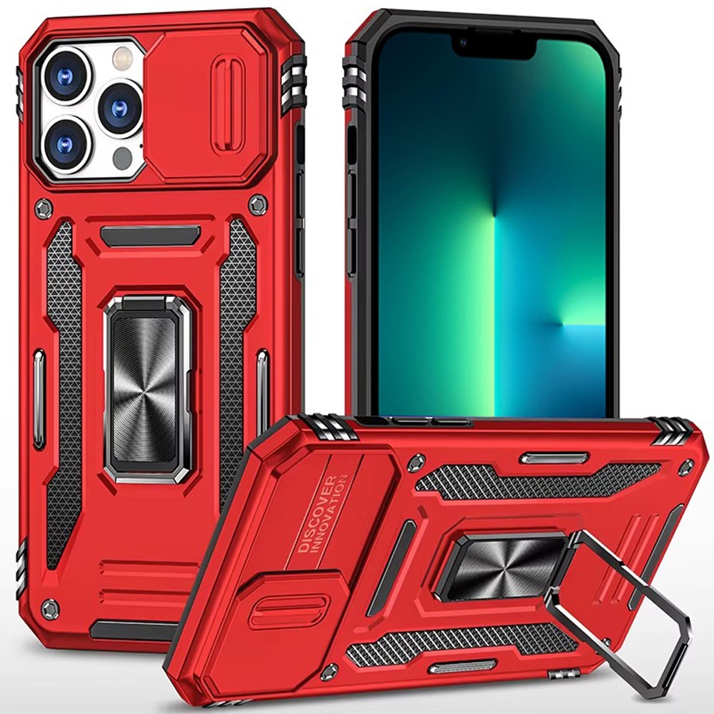 for iphone 13 pro utter tough metal ring movable camera window hybrid case cover red