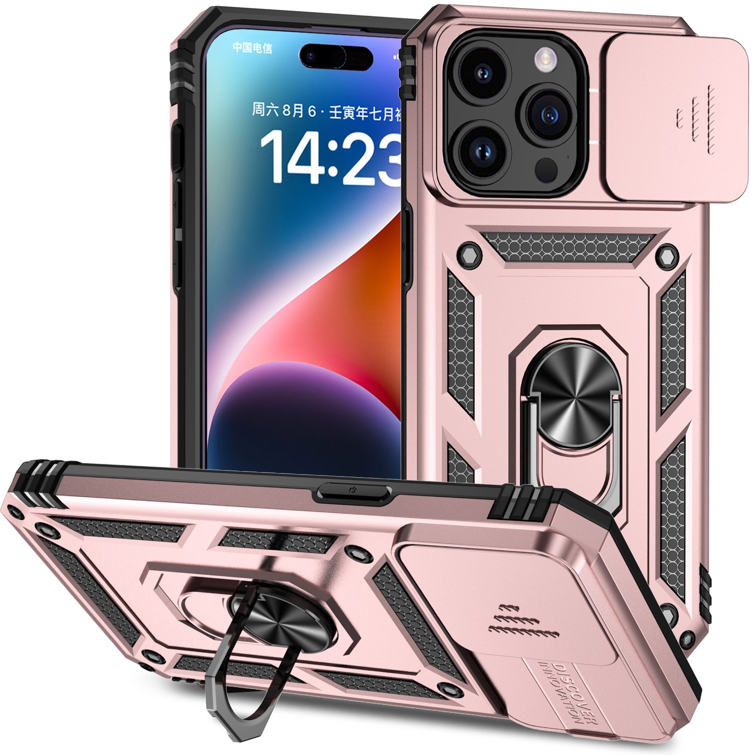 for ip15 pro max well protective magentic ring stand camera protective cover case rose gold