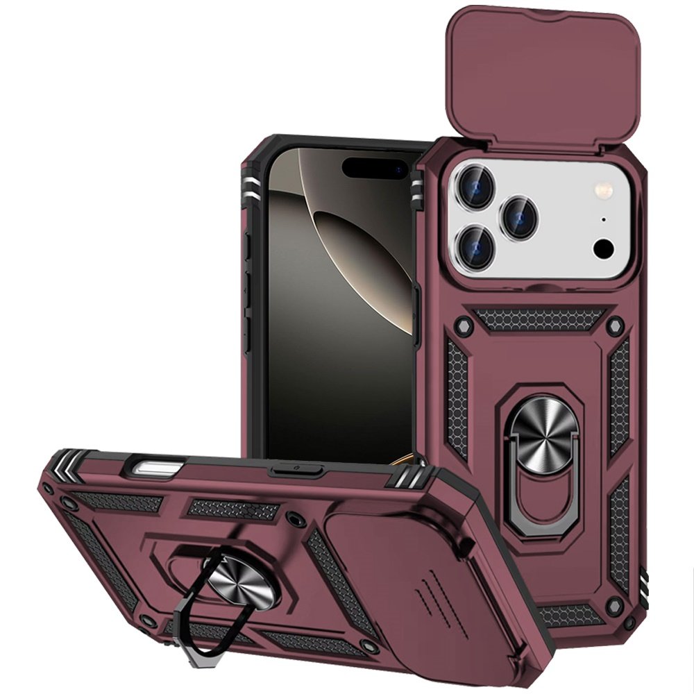 for iphone 17 pro max well protective magentic ring stand camera protective cover case burgundy