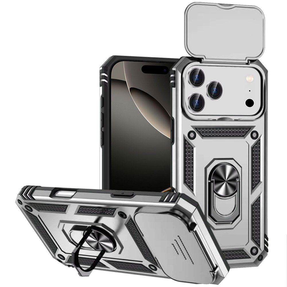for iphone 17 pro max well protective magentic ring stand camera protective cover case silver