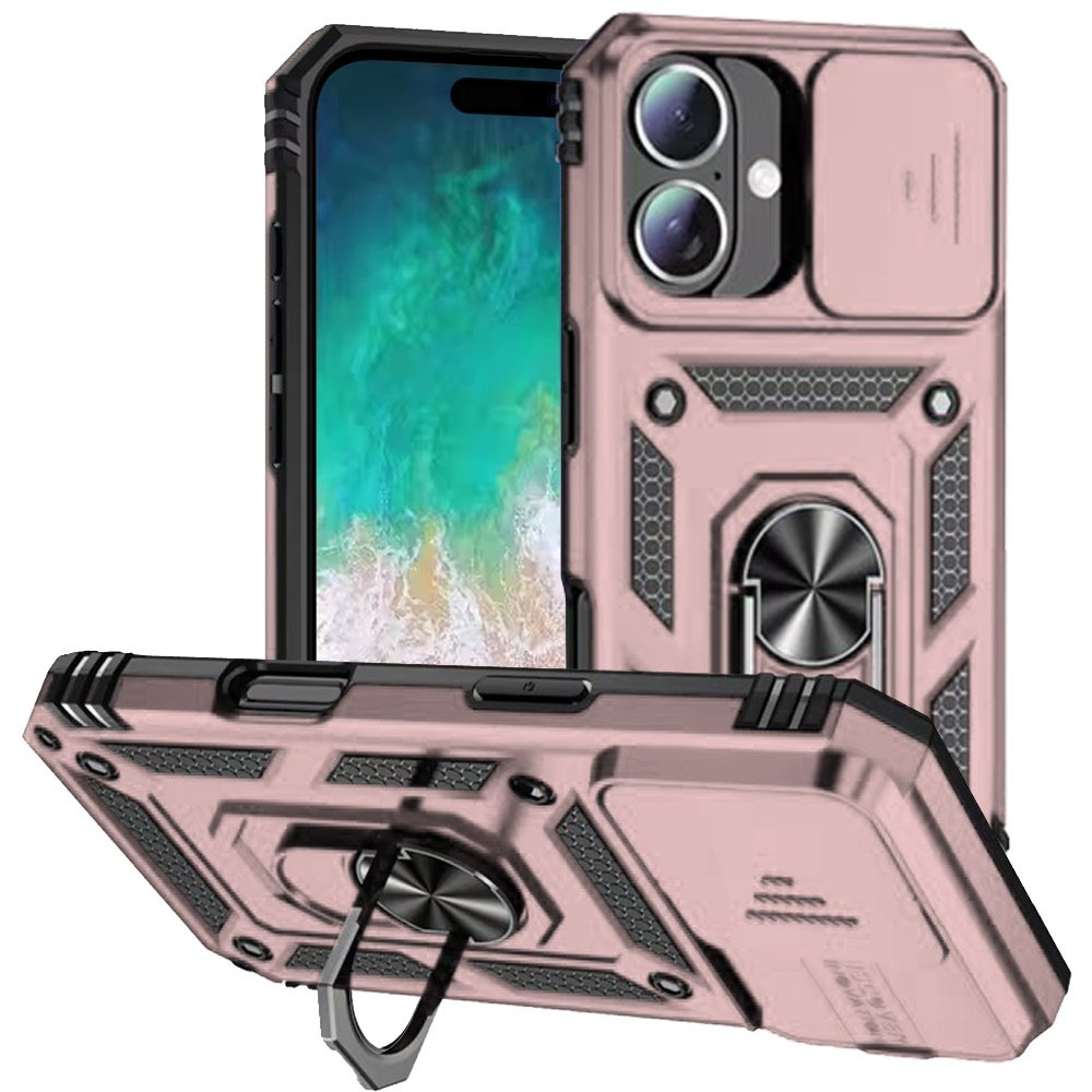 for iphone 16 plus 6.7 inch well protective magentic ring stand camera protective cover case rose gold