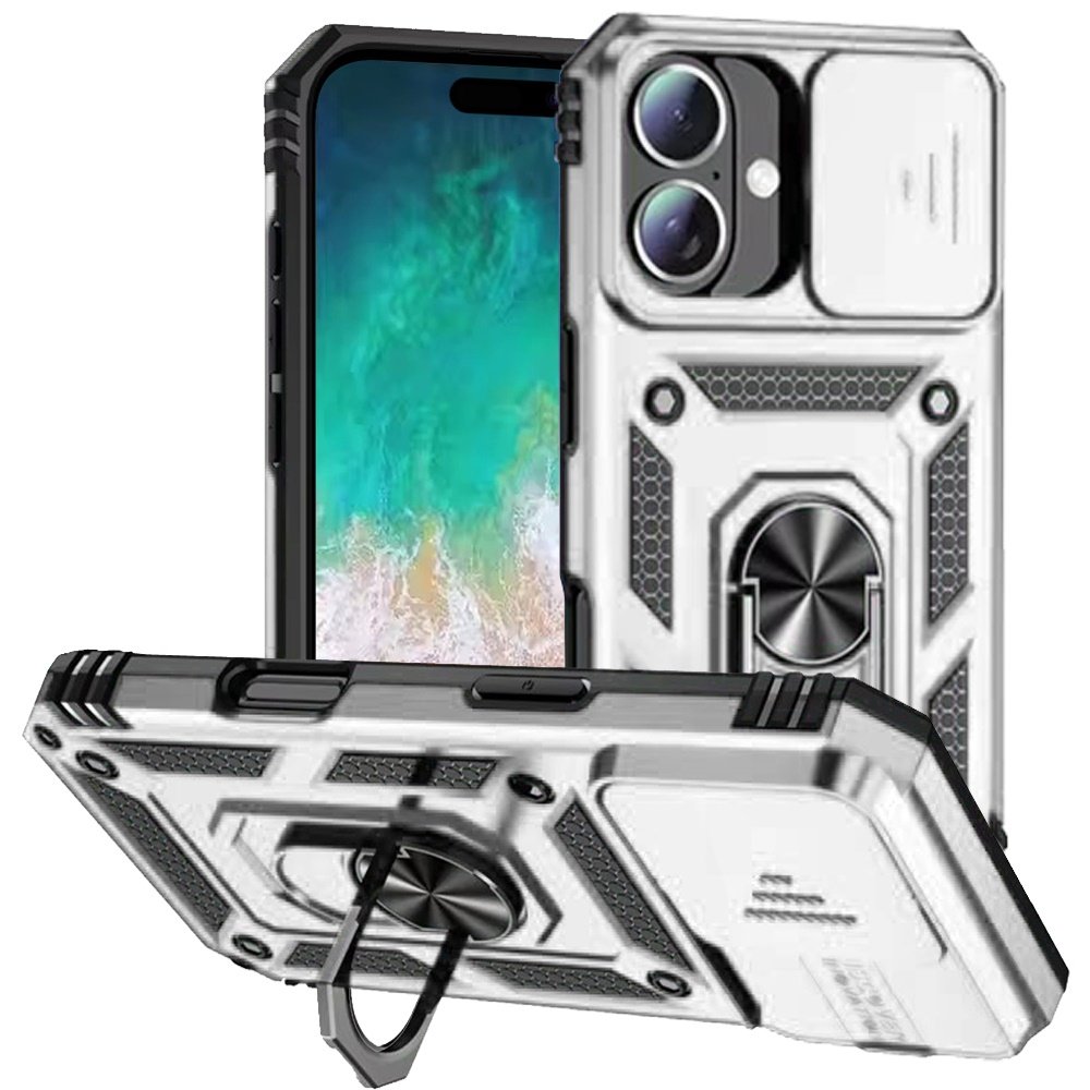 for iphone 16 plus 6.7 inch well protective magentic ring stand camera protective cover case silver