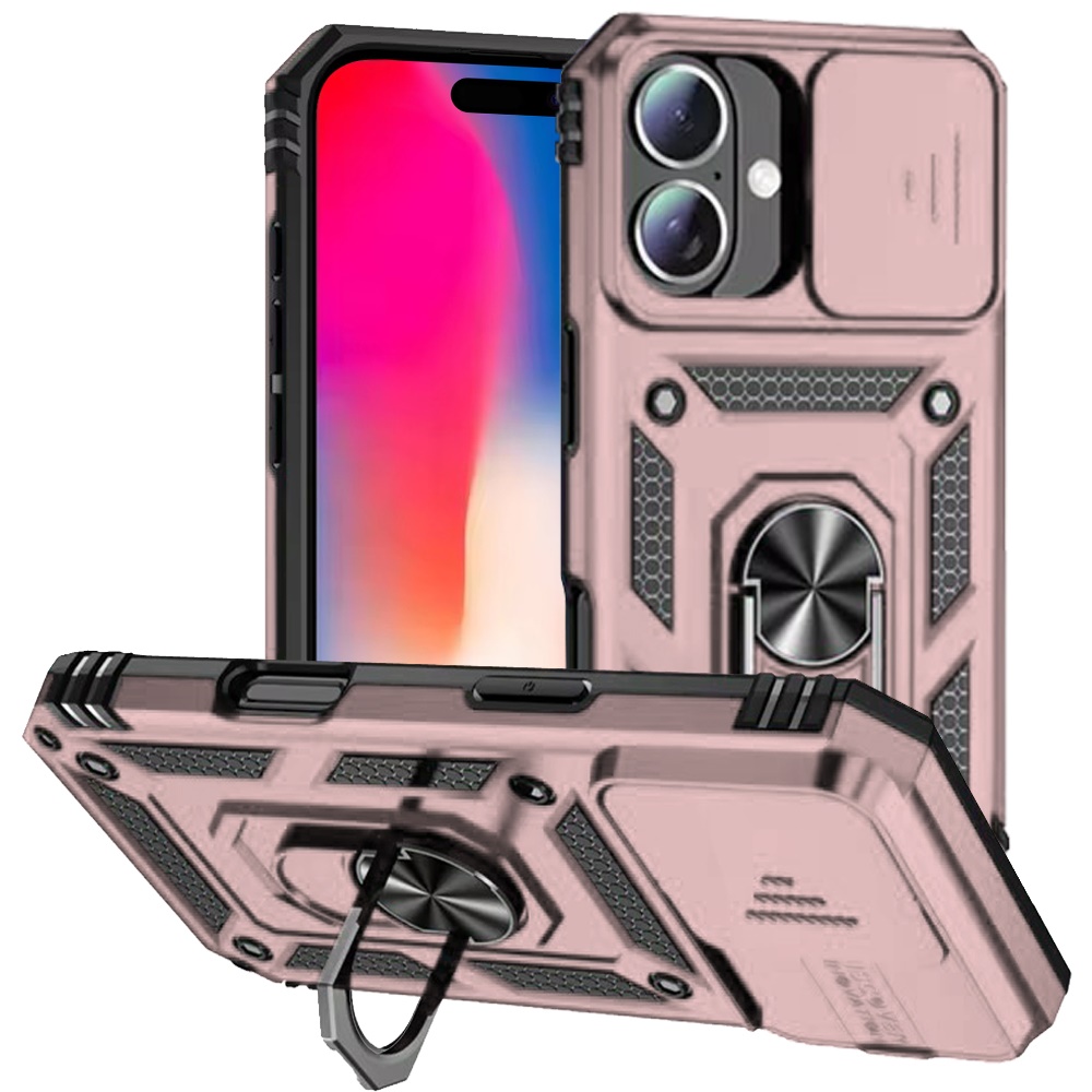 for iphone 16 6.1 inch well protective magentic ring stand camera protective cover case rose gold