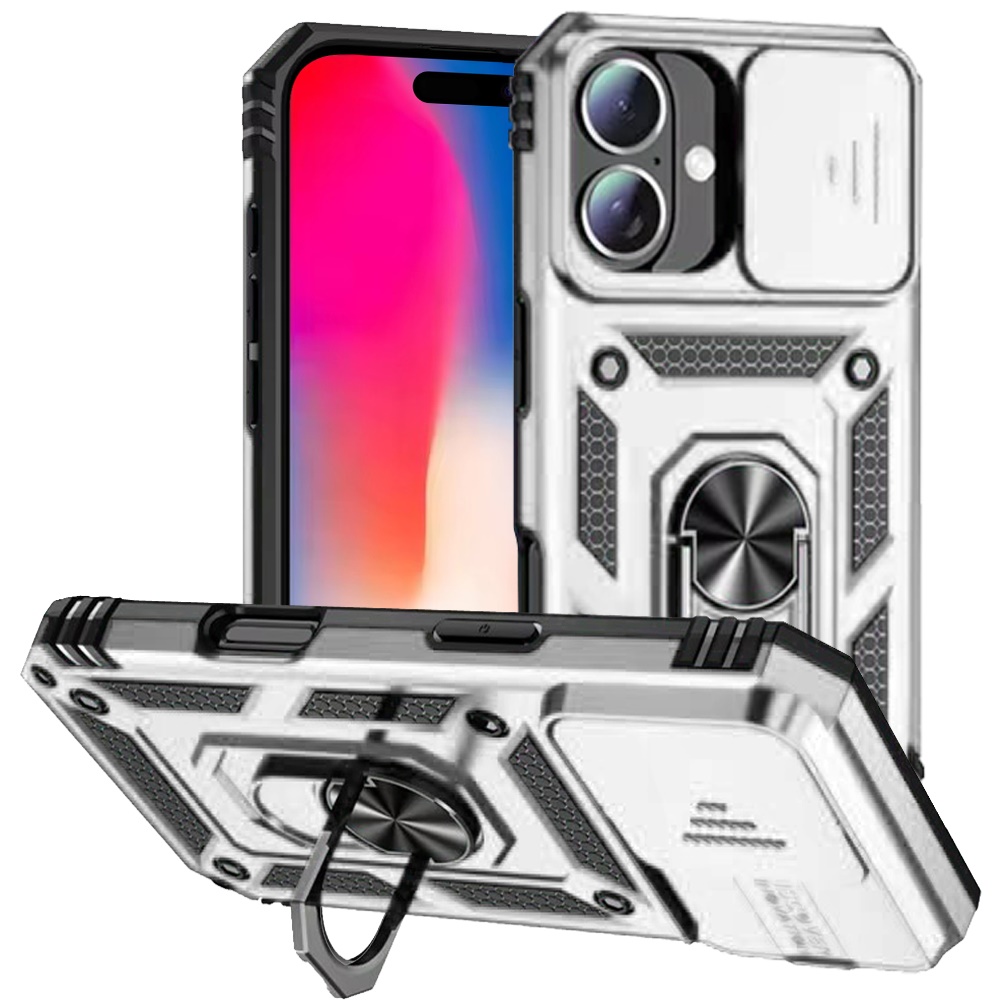 for iphone 16 6.1 inch well protective magentic ring stand camera protective cover case silver