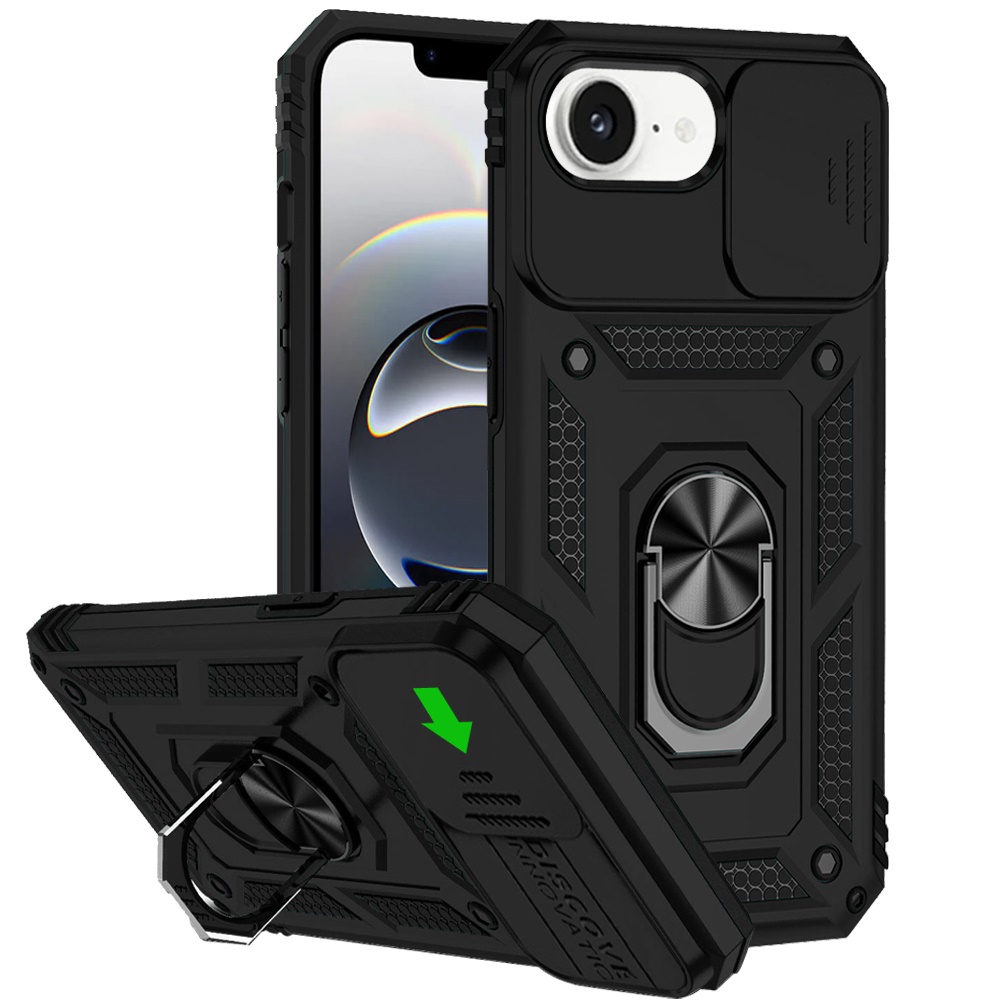 for iphone 17e / 16e / se4 well protective magentic ring stand camera protective cover case black