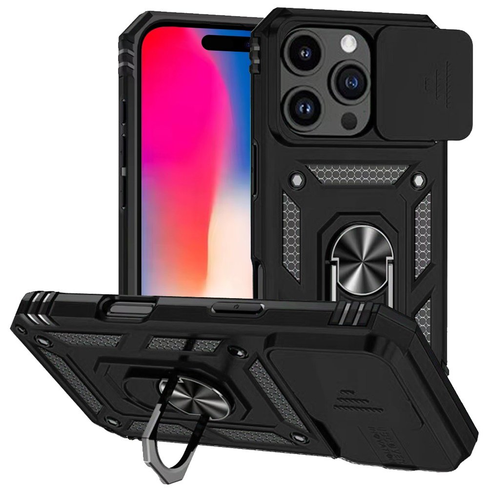 for iphone 16 pro 6.3 inch well protective magentic ring stand camera protective cover case black