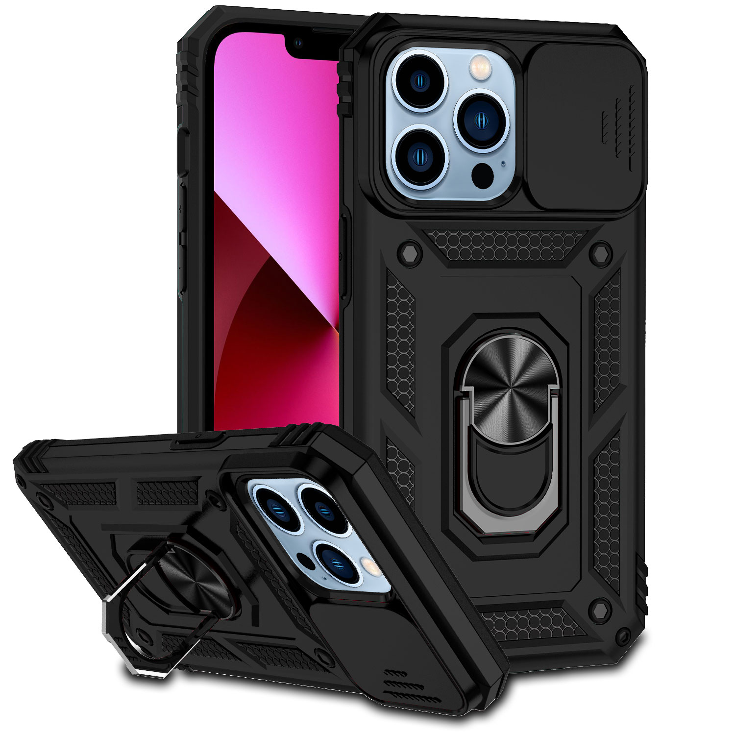 for iphone 13 pro max well protective magentic ring stand camera protective cover case black