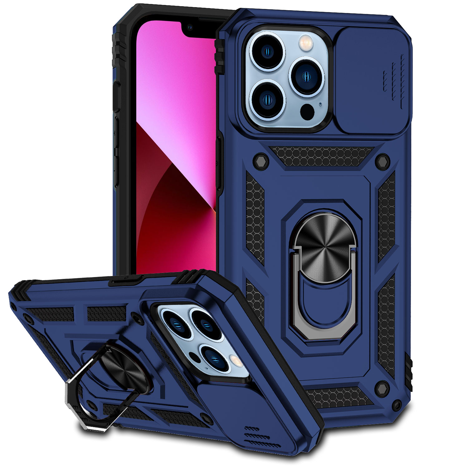 for iphone 13 pro max well protective magentic ring stand camera protective cover case blue