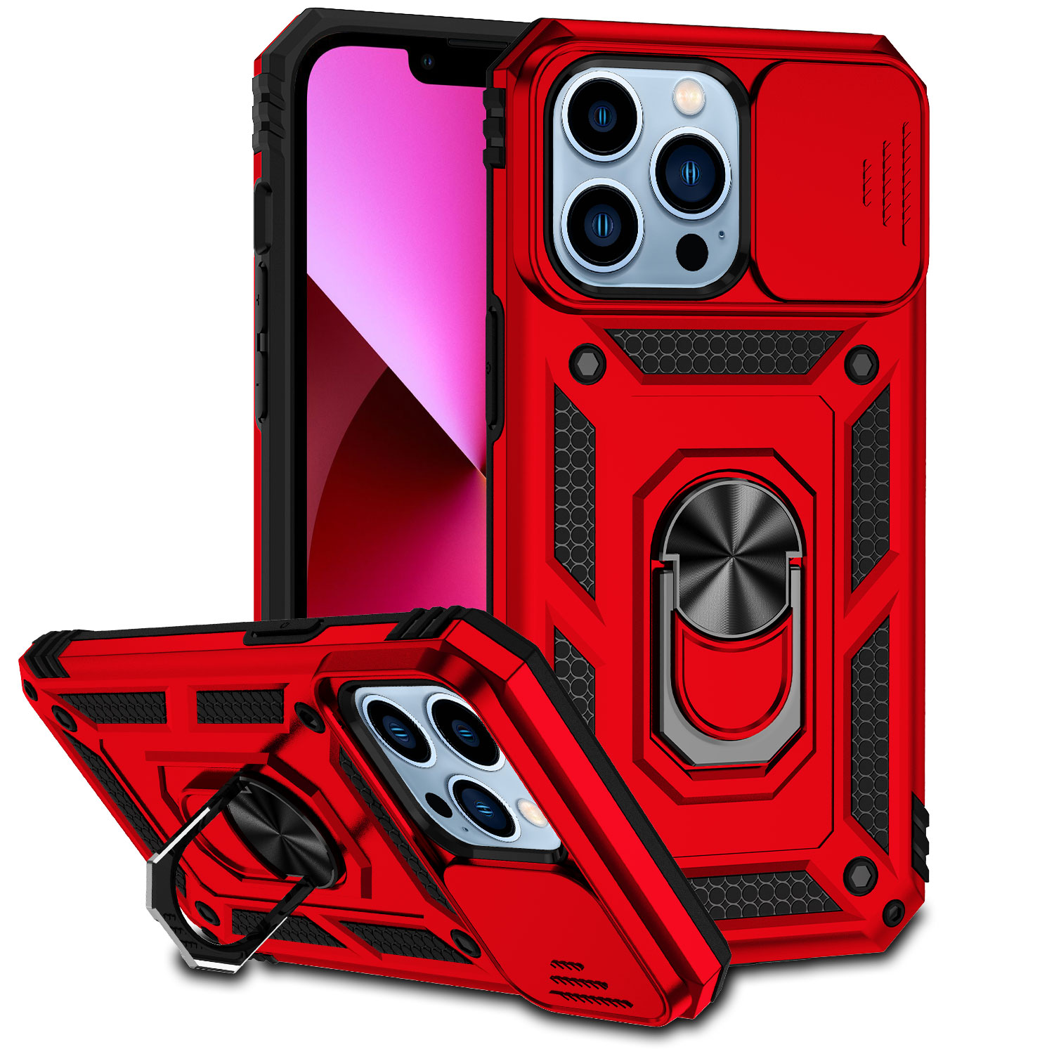 for apple iphone 14 pro max 6.7" well protective magentic ring stand camera protective cover case red