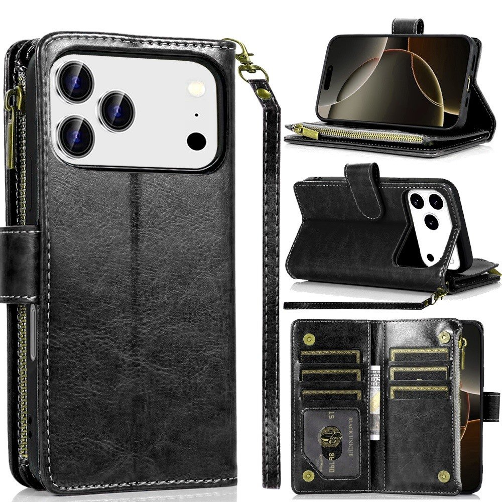 for iphone 17 pro max luxury wallet card id zipper money holder case cover black