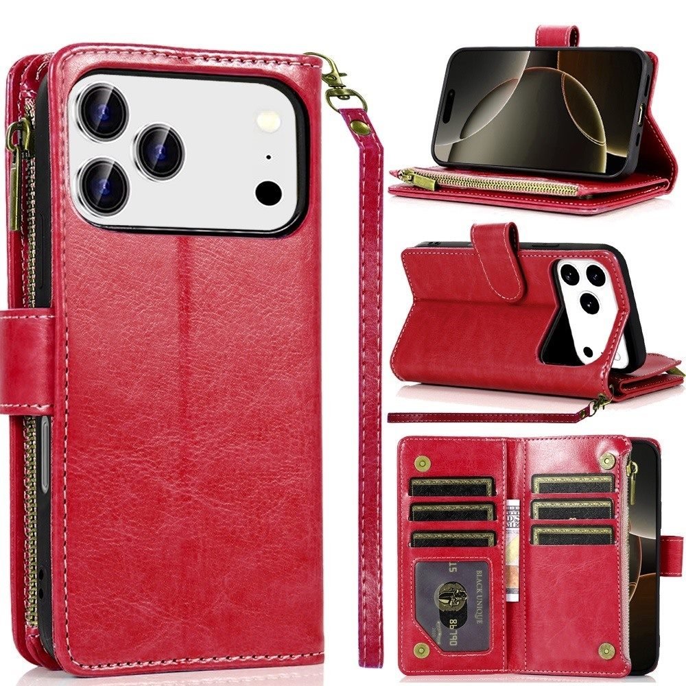 for iphone 17 pro max luxury wallet card id zipper money holder case cover red