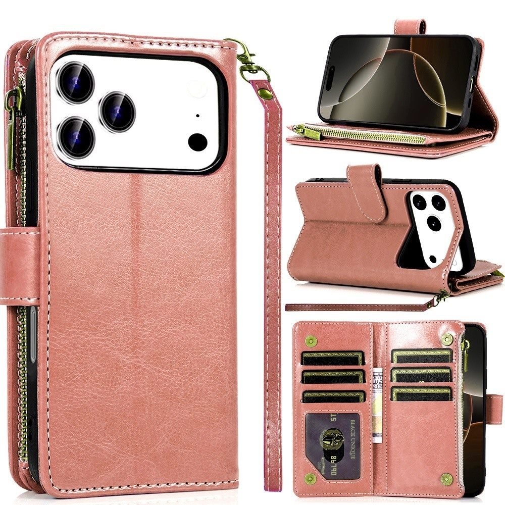 for iphone 17 pro max luxury wallet card id zipper money holder case cover rose gold