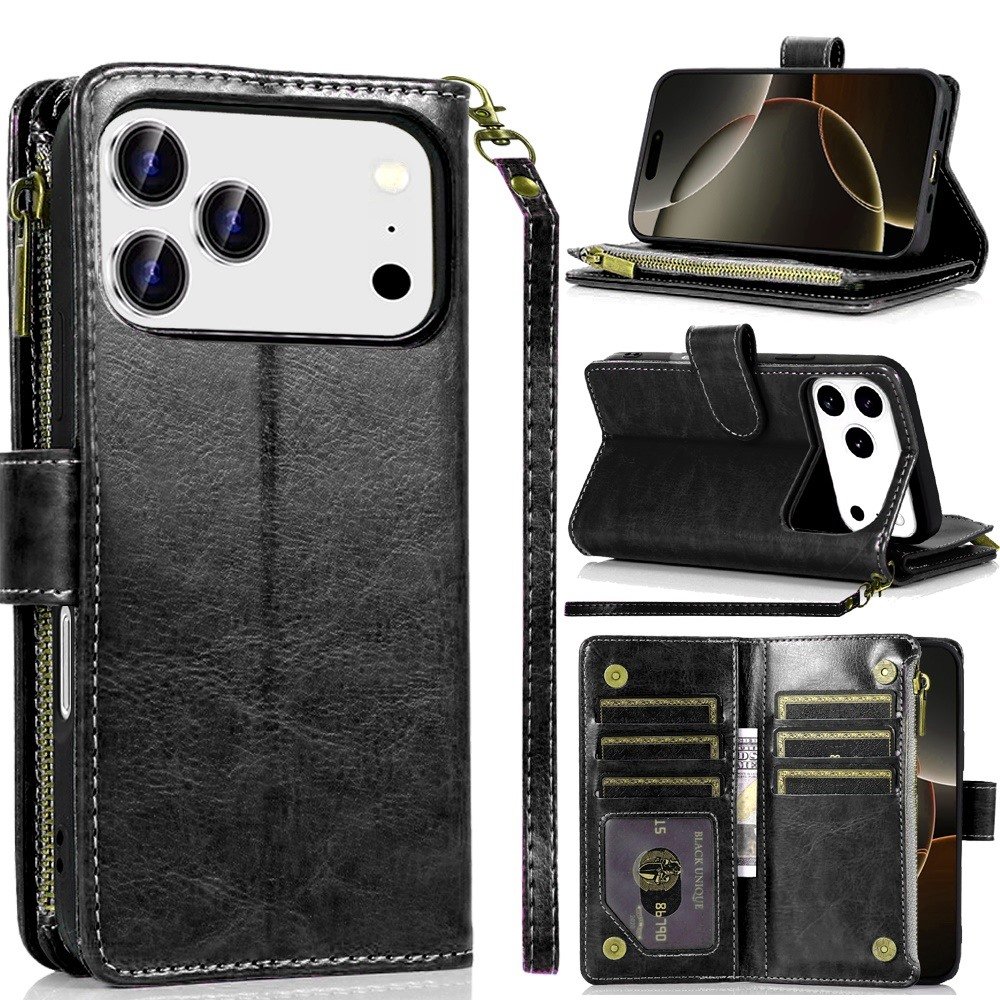 for iphone 17 pro luxury wallet card id zipper money holder case cover black