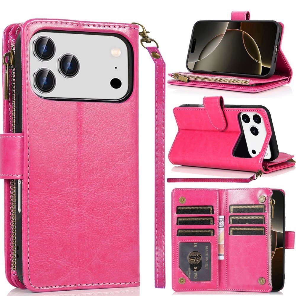 for iphone 17 pro luxury wallet card id zipper money holder case cover hot pink