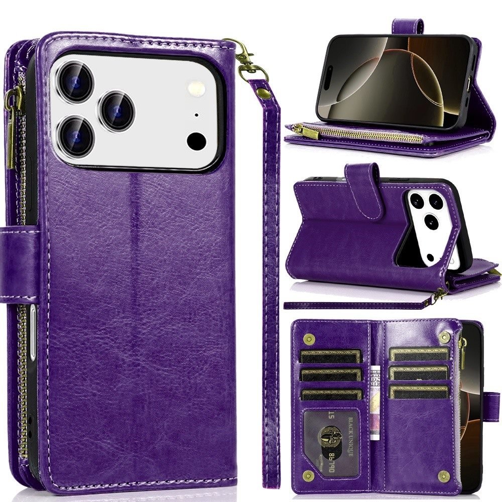 for iphone 17 pro luxury wallet card id zipper money holder case cover dark purple