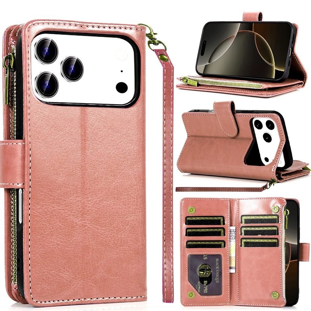 for iphone 17 pro luxury wallet card id zipper money holder case cover rose gold