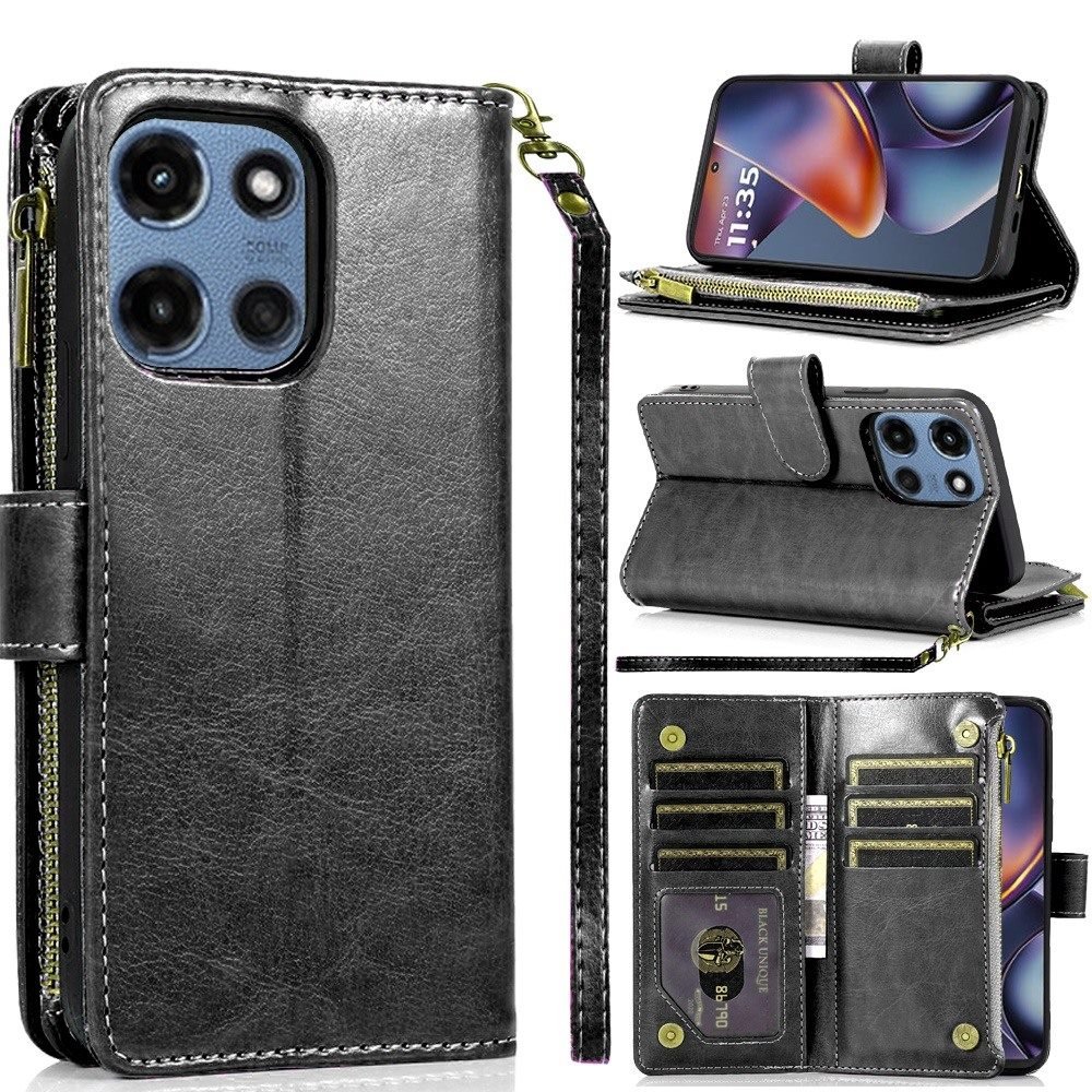 for moto g 5g 2025/2026 g play 2026 luxury wallet card id zipper money holder case cover black